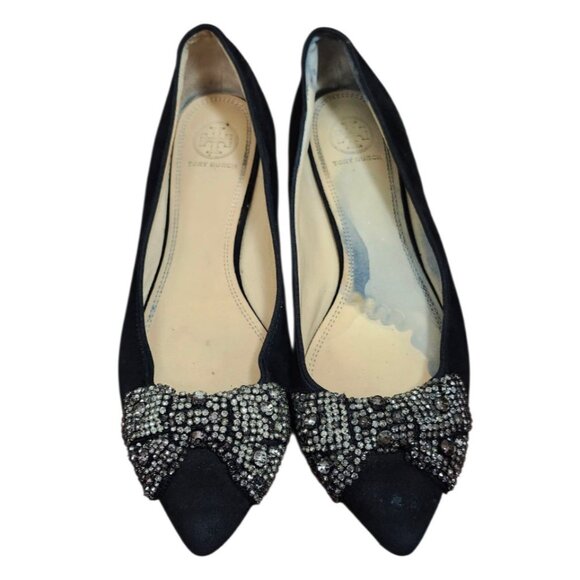 Tory Burch Black Sliver Rhinestone Bow Flats Women Size 8.5 M - Picture 3 of 14